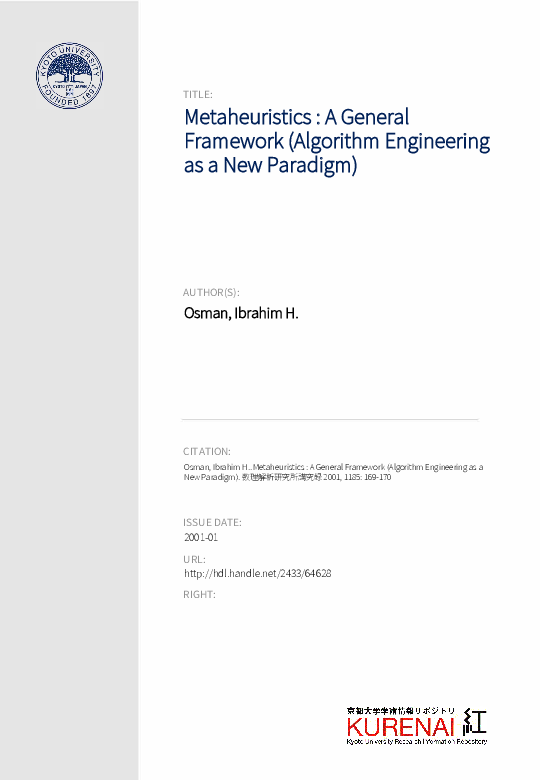 (PDF) Metaheuristics : A General Framework (Algorithm Engineering as a ...
