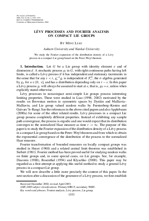 (PDF) Lévy processes and Fourier analysis on compact Lie groups