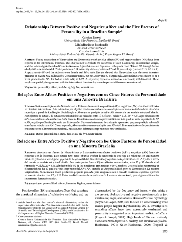(PDF) Relationships Between Positive and Negative Affect and the Five ...