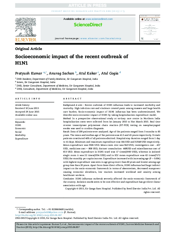 (PDF) Socioeconomic impact of the recent outbreak of H1N1