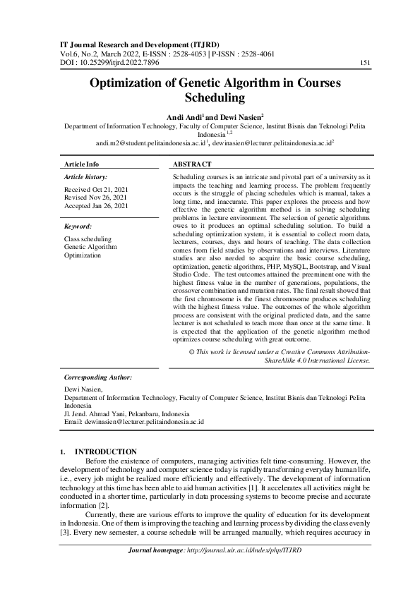 (PDF) Optimization of Genetic Algorithm in Courses Scheduling
