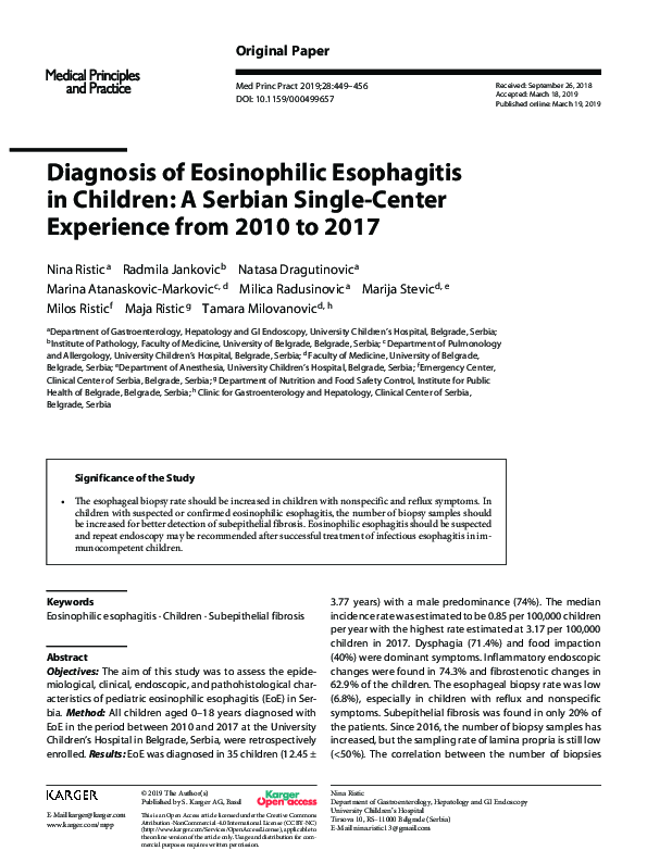 (PDF) Diagnosis of Eosinophilic Esophagitis in Children: A Serbian ...