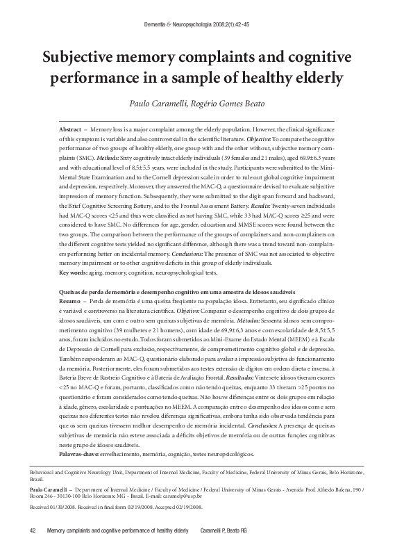 (PDF) Subjective memory complaints and cognitive performance in a ...