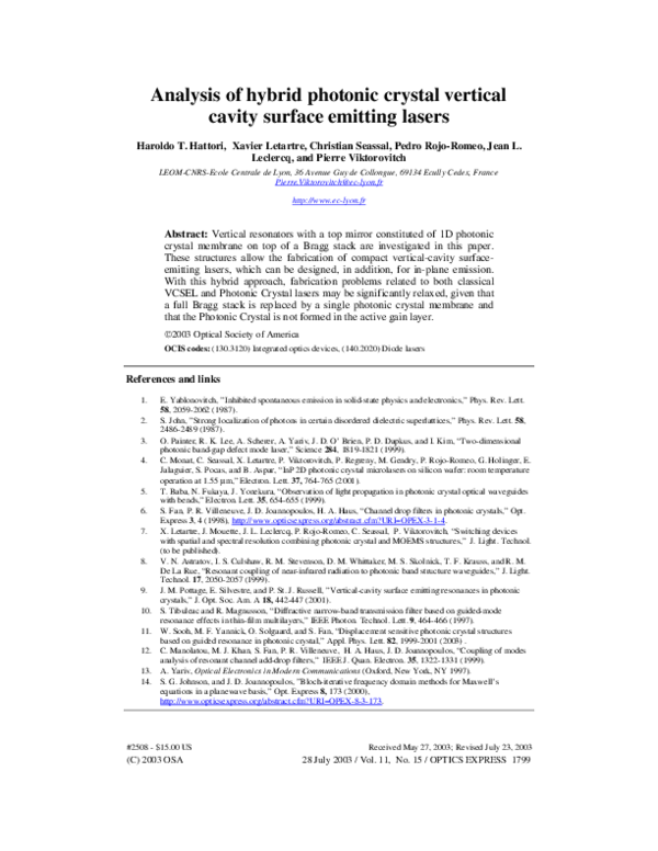 (PDF) Analysis of hybrid photonic crystal vertical cavity surface ...