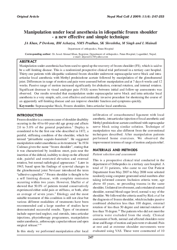 (PDF) Manipulation under local anesthesia in idiopathic frozen shoulder
