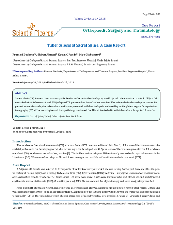 (PDF) Orthopaedic Surgery and Traumatology Case Report Tuberculosis of ...