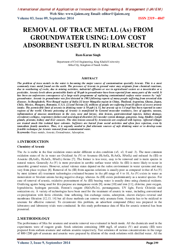 (PDF) Removal of trace metal (As) from groundwater using: low cost ...