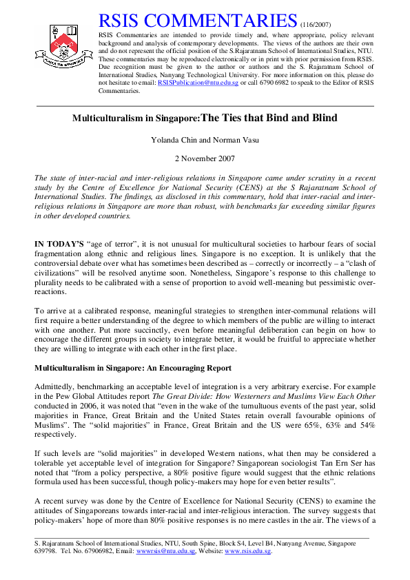 (PDF) Multiculturalism in Singapore : the ties that bind and blind