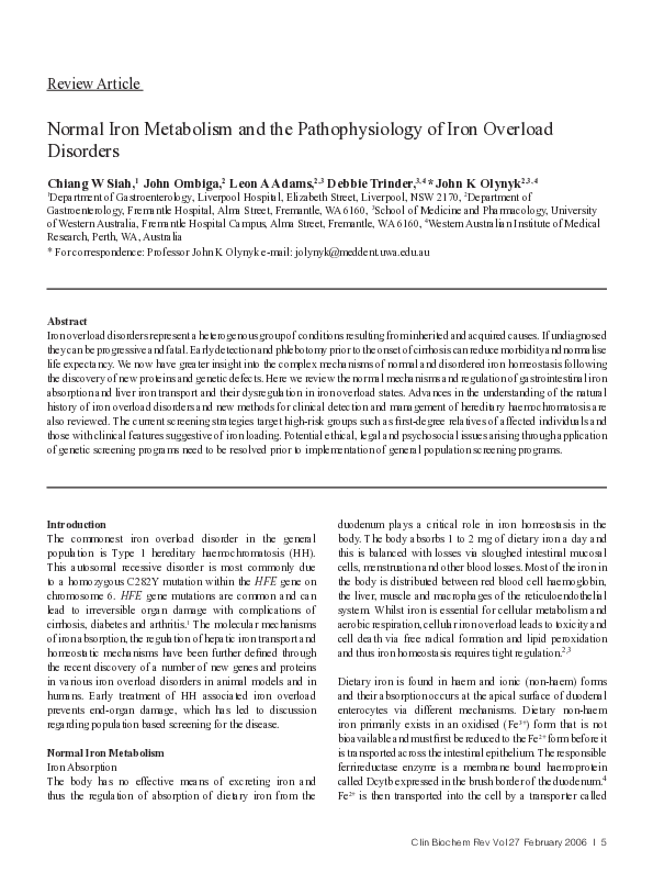 (PDF) Normal iron metabolism and the pathophysiology of iron overload ...