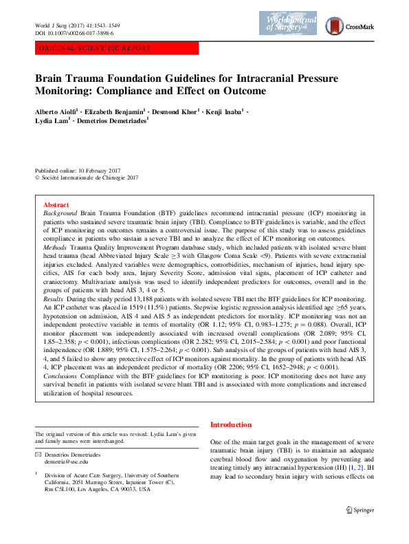 (PDF) Brain Trauma Foundation Guidelines for Intracranial Pressure ...
