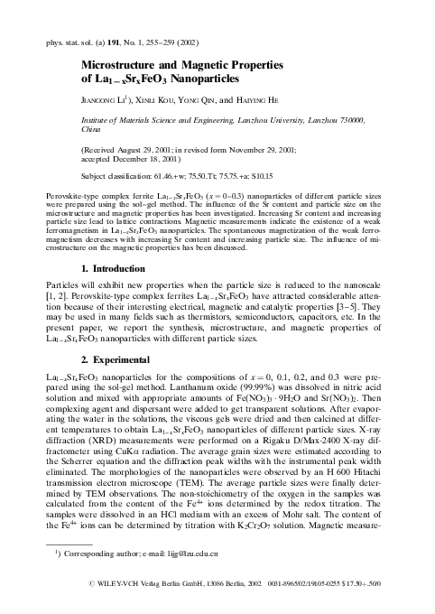 (PDF) Microstructure and Magnetic Properties of La1?xSrxFeO3 Nanoparticles