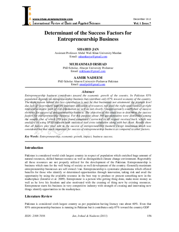 (PDF) Determinant of the Success Factors for Entrepreneurship Business
