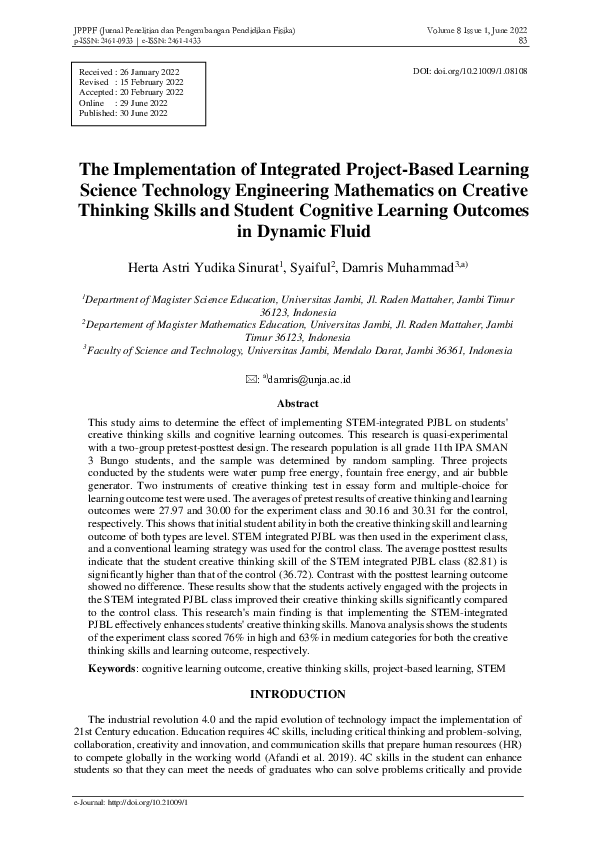 (PDF) The Implementation of Integrated Project-Based Learning Science ...