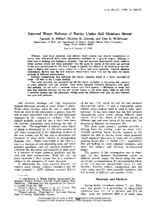 (PDF) Internal Water Balance of Barley Under Soil Moisture Stress