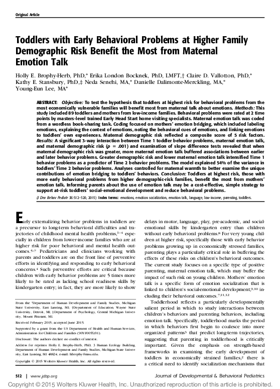 (PDF) Toddlers with Early Behavioral Problems at Higher Family ...