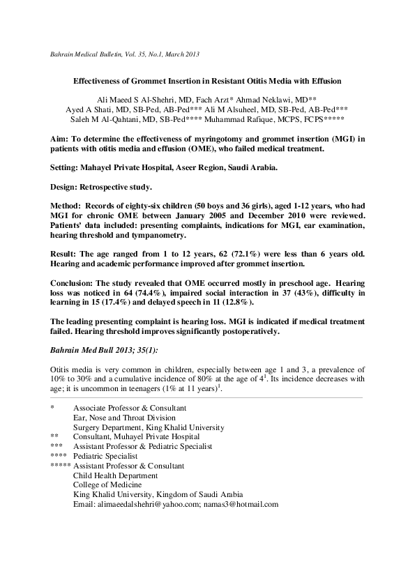 (PDF) Effectiveness of Grommet Insertion in Resistant Otitis Media with