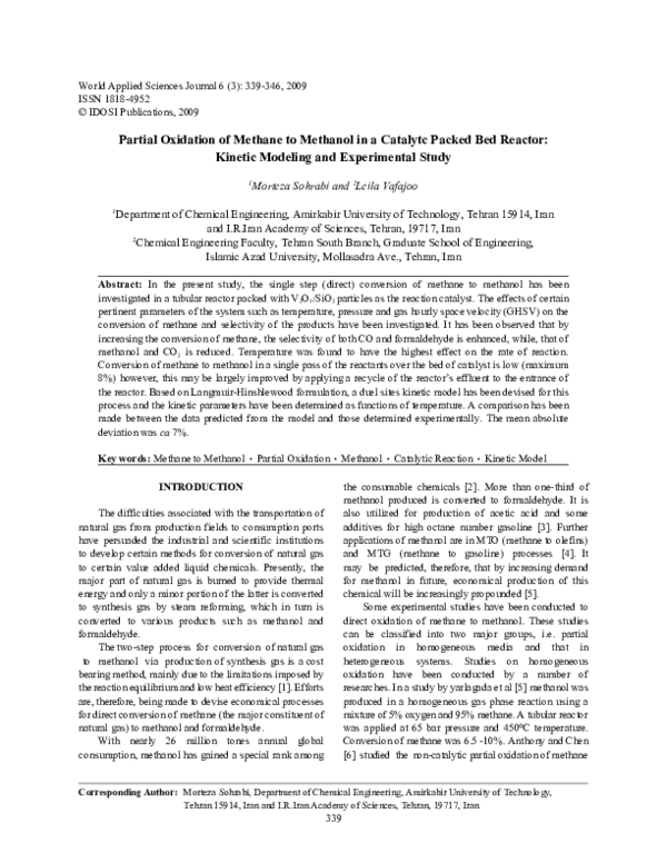 (PDF) Partial Oxidation of Methane to Methanol in a Catalytc Packed Bed ...