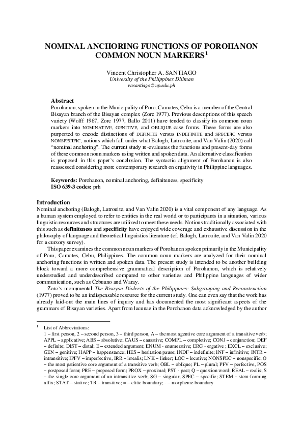(PDF) Nominal Anchoring Functions of Porohanon Common Noun Markers