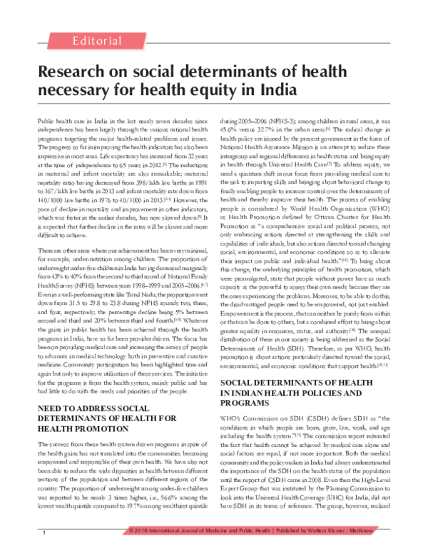 (PDF) Research on social determinants of health necessary for health ...