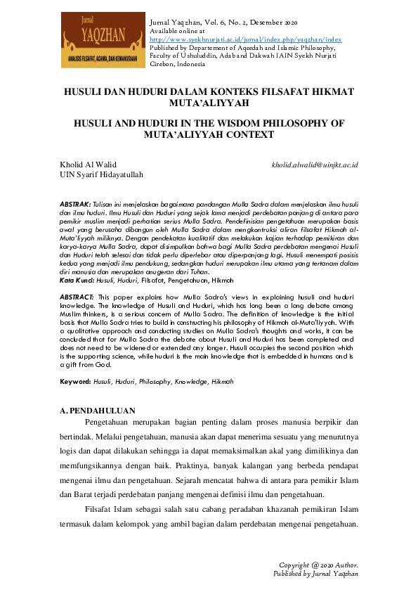 (PDF) Husuli dan Huduri dalam Konteks Filsafat Hikmah Muta'aliyyah