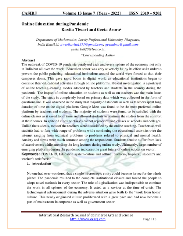 (PDF) Online Education during Pandemic