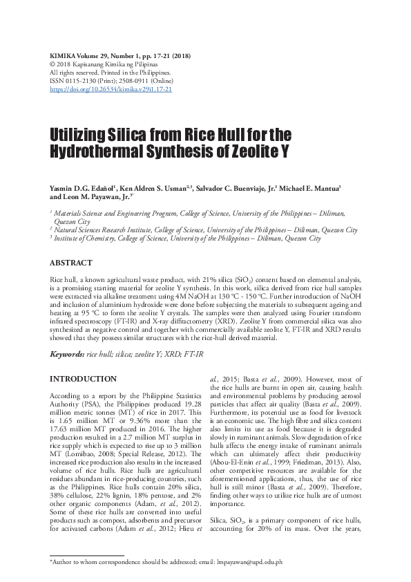 (PDF) Utilizing Silica from Rice Hull for the Hydrothermal Synthesis of ...