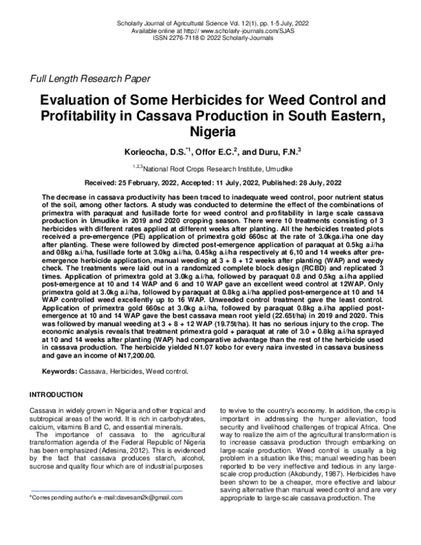 (PDF) Evaluation of Some Herbicides for Weed Control and Profitability in Cassava Production in