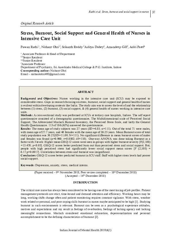 (PDF) Stress, Burnout, Social Support and General Health of Nurses in ...