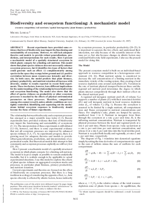 (PDF) Biodiversity and ecosystem functioning: A mechanistic model