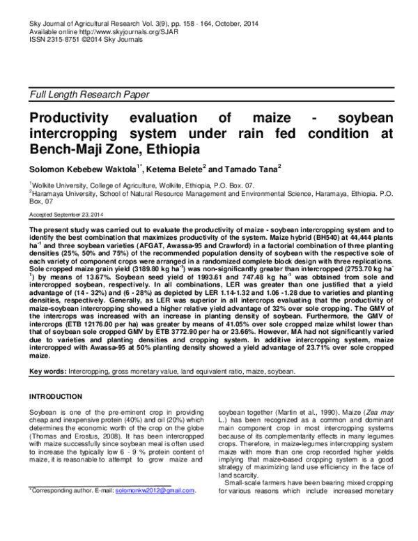 Pdf Productivity Evaluation Of Maize Soybean Intercropping System