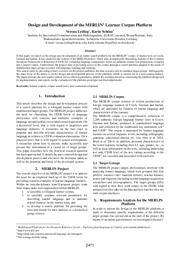 (PDF) Design and Development of the MERLIN Learner Corpus Platform