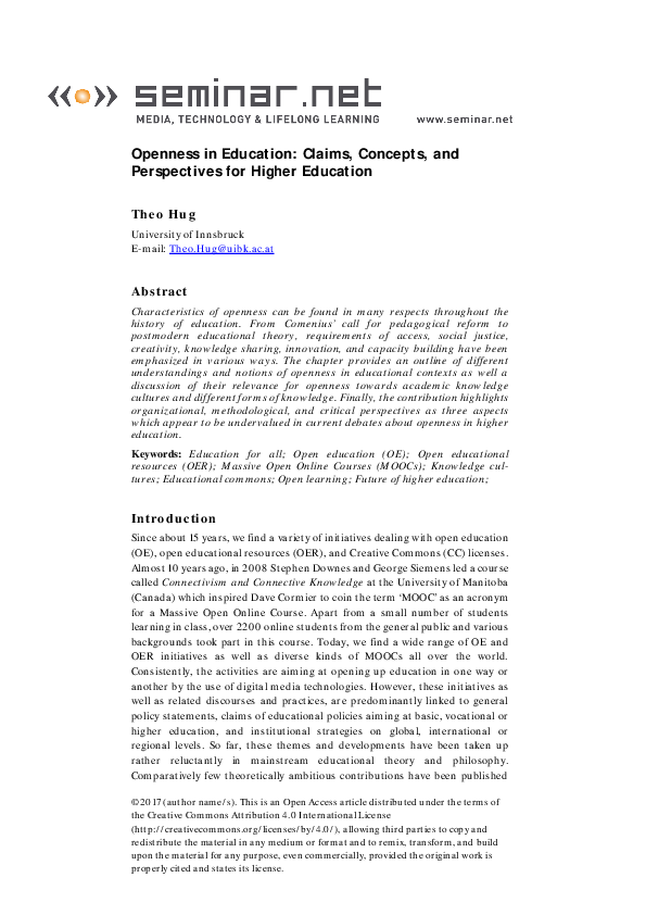 Openness in Education: Claims, Concepts, and Perspectives for Higher Education