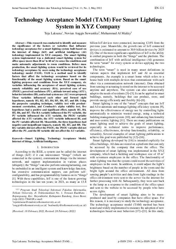 (PDF) Technology Acceptance Model (TAM) For Smart Lighting System in ...