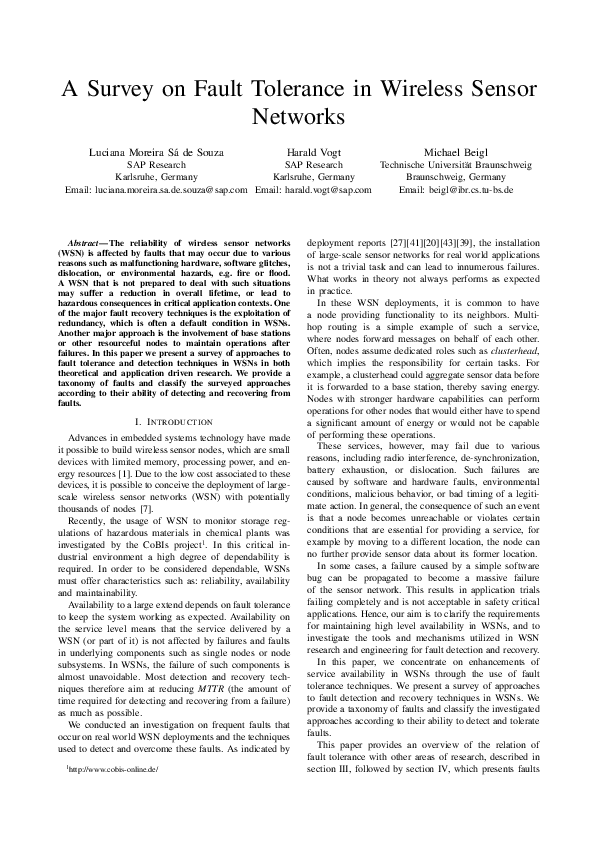 (PDF) A survey on fault tolerance in wireless sensor networks