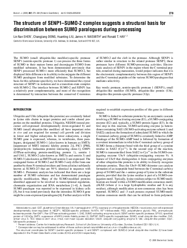 (PDF) The structure of SENP1–SUMO-2 complex suggests a structural basis ...