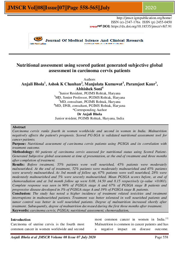(PDF) Nutritional assessment using scored patient generated subjective ...