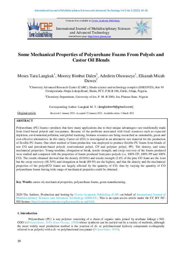 (PDF) Some Mechanical Properties of Polyurethane Foams From Polyols and ...