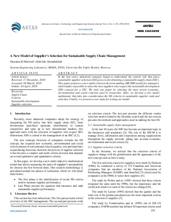 (PDF) A New Model of Supplier’s Selection for Sustainable Supply Chain ...