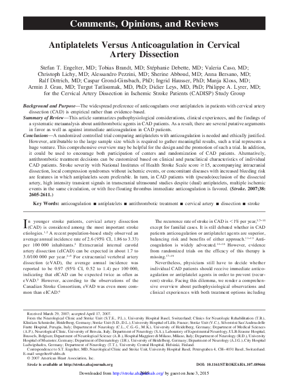 (PDF) Antiplatelets Versus Anticoagulation in Cervical Artery