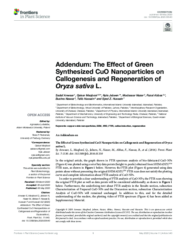 (PDF) Addendum: The Effect of Green Synthesized CuO Nanoparticles on ...