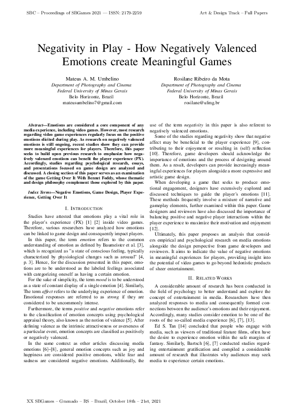 (PDF) Negativity in Play - How Negative Emotions create Meaningful Games