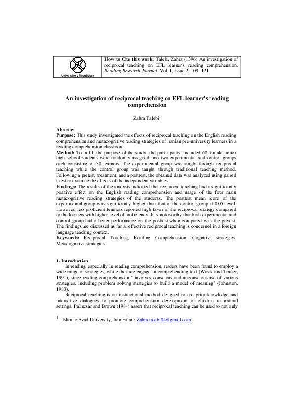 (PDF) An investigation of reciprocal teaching on EFL learner's reading ...