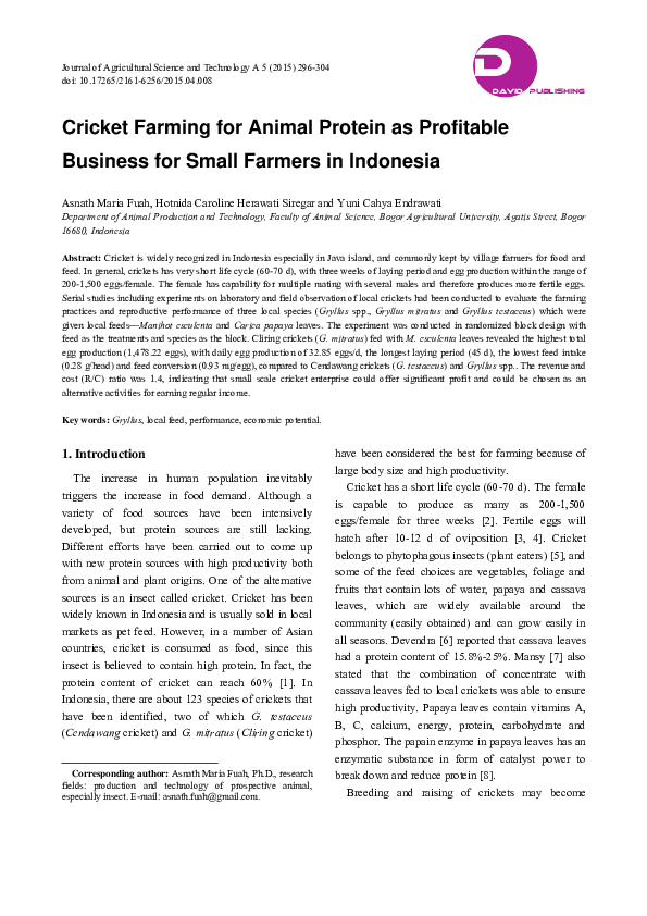 Cricket Farming for Animal Protein as Profitable Business for Small Farmers in Indonesia