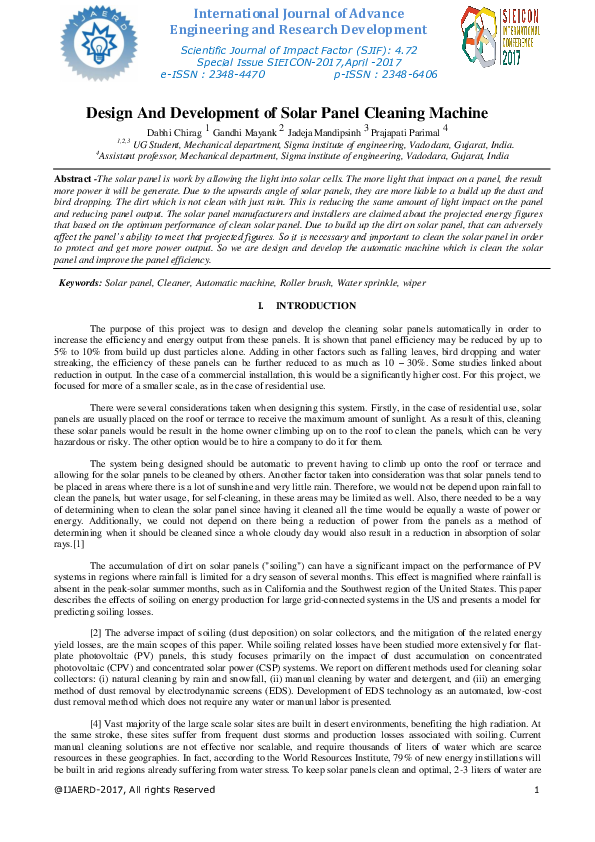 (PDF) Design and Development of Solar Panel Cleaning Machine