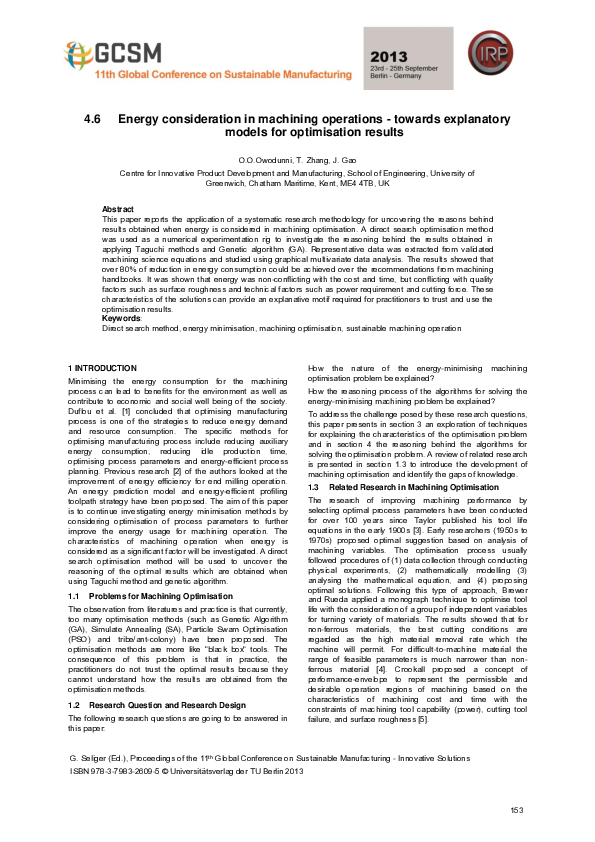 (PDF) Energy consideration in machining operations - towards ...