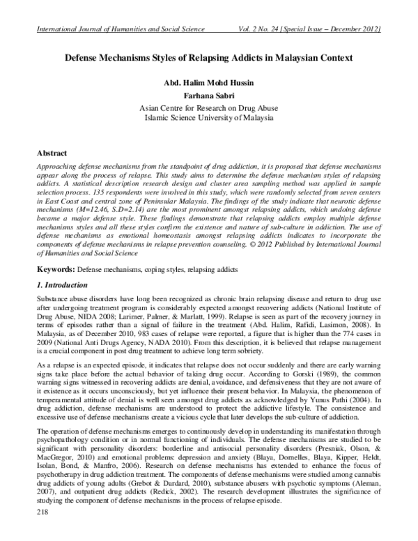 (PDF) Defense Mechanisms Styles of Relapsing Addicts in Malaysian Context
