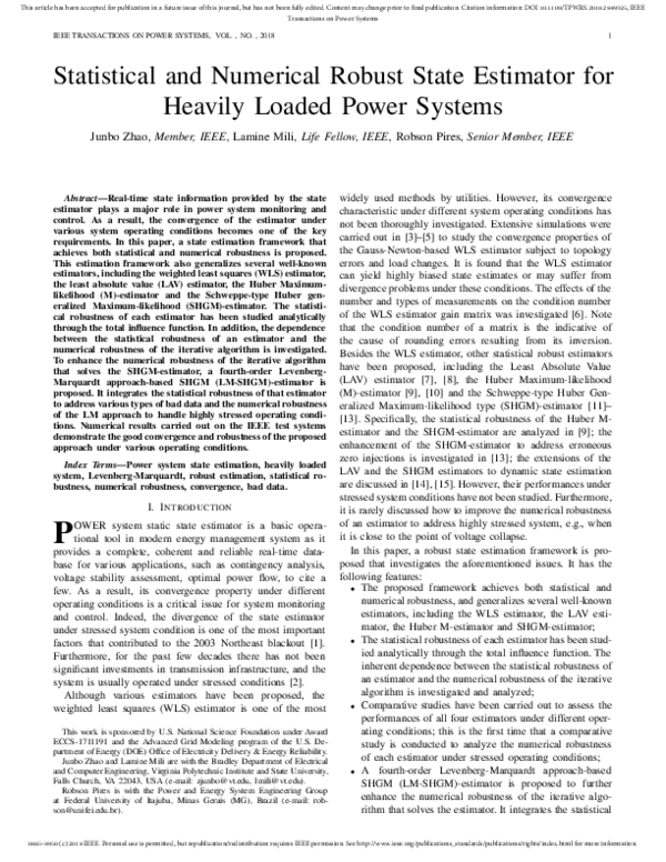(PDF) Statistical and Numerical Robust State Estimator for Heavily ...