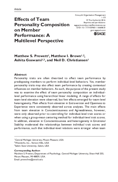 (PDF) Effects of Team Personality Composition on Member Performance: A ...
