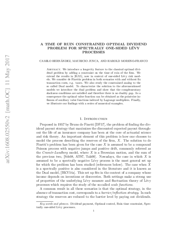 (PDF) A time of ruin constrained optimal dividend problem for ...