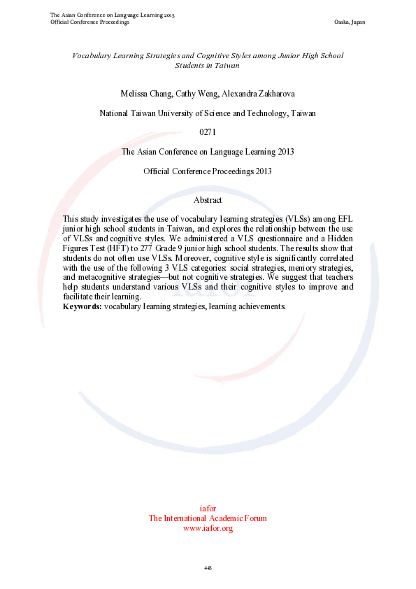 (PDF) Vocabulary Learning Strategies and Cognitive Styles among Junior ...